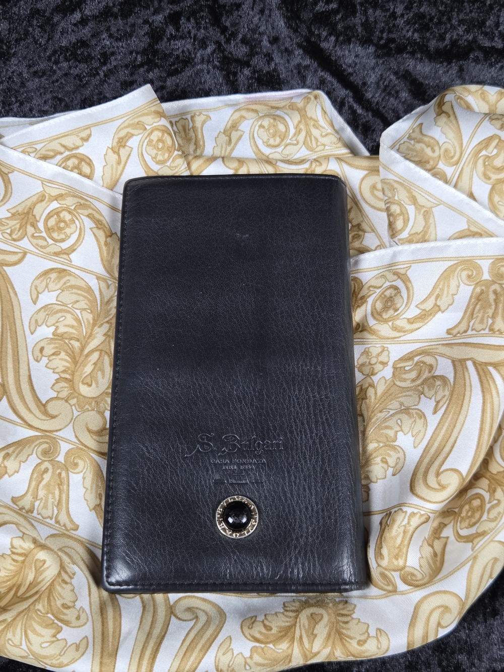 Bulgari Black Leather Wallet with Gold-Tone Emblem